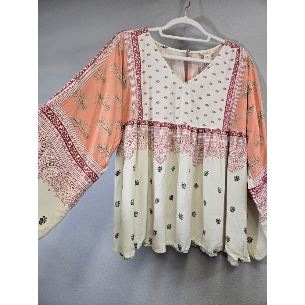 Sundance Boho Mixed Print Paisley Empire Waist Bell Sleeve Peasant Top M